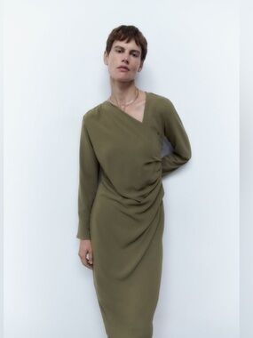 NWT Zara Olive Green Draped Midi Dress Size M Ruched Side Long Sleeve